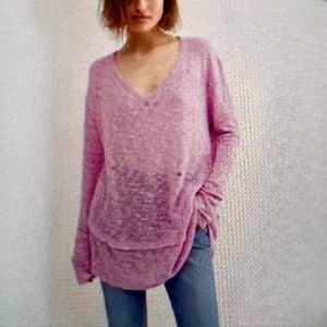We The Free People Ocean Air Hacci Sweater XXS Pink V-Neck Frayed Hem Sheer